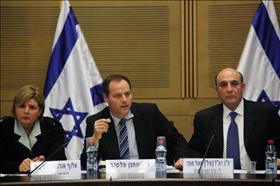The meeting of the Foreign Affairs and Defense Committee about Tal Law. From the right: Knesset member Shaul Mofaz Head of the commitee, Knnesset memberYohanan Plesner head of the Tal law supervision team, Head of Army HR Major-General Orna Barbivai. 23.1.12. Photograph by: Kobi Gideon, Flash 90.