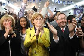 New Yesh Atid Knesset Members celebrating at the Victory Party after the 2013 Elections (from R-L) Rabbi Dov Lipman, Yael German, Pnina Tamano-Shata, Rina Frankel