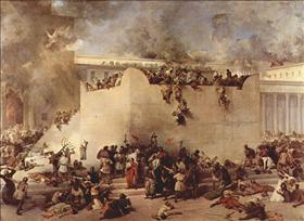 Destruction of the Temple in Jerusalem by Francesco Hayez depicts the destruction of the Second Temple by Roman soldiers. Oil on canvas, 1867.