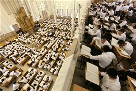Students return to the Ponevezh Yeshiva in Bnei Brak after summer vacation for studies leading up to the High Holidays. 